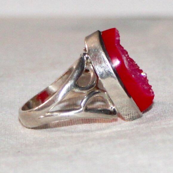 Sterling Silver Dyed Pink Druzy Quartz Ring - Picture 2 of 7